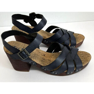 Korks Wood MIA Platform Clog Sandals Navy Leather US 10M Women's